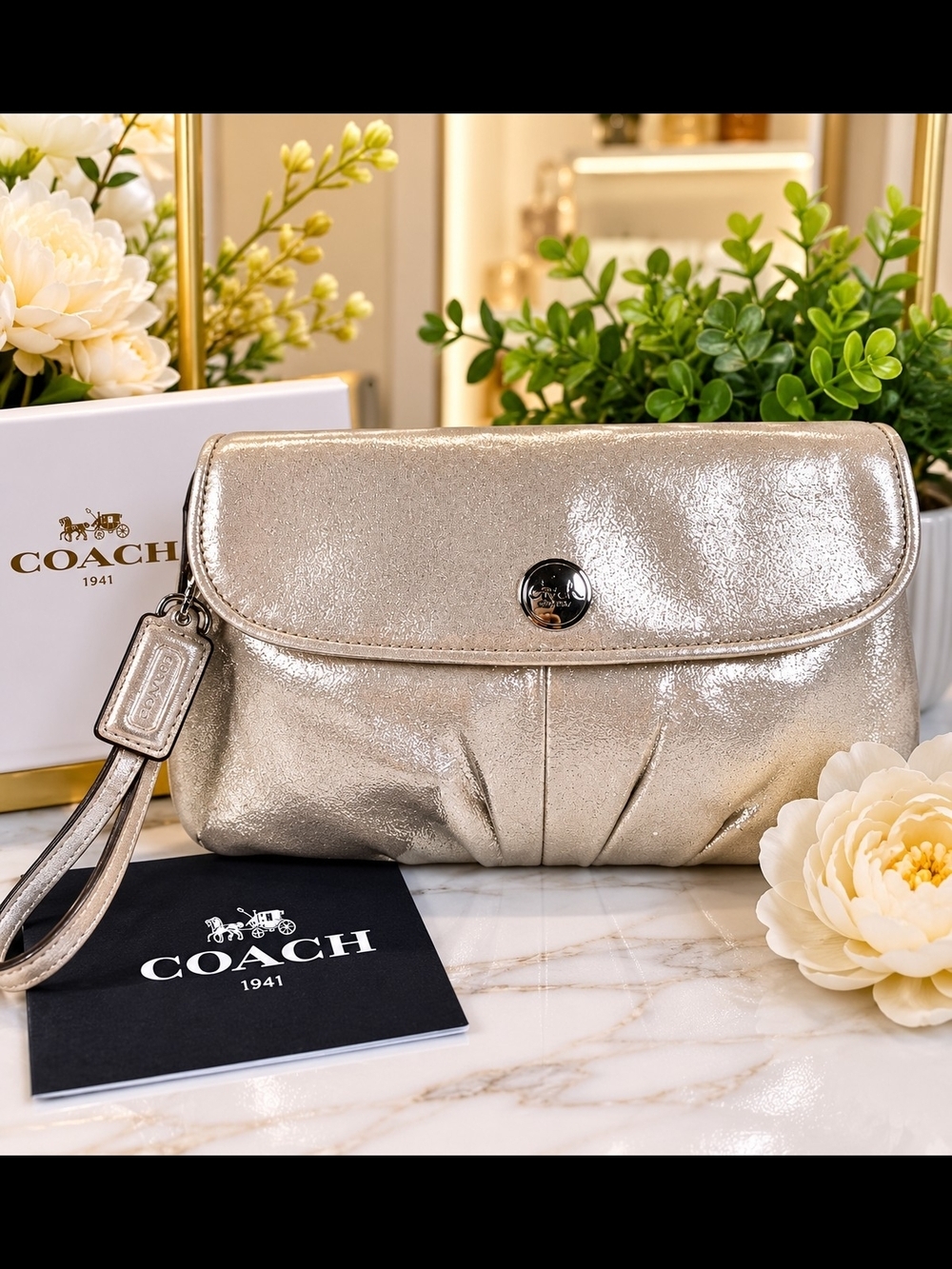 Coach Metallic Champagne Sparkly Gold Wristlet Clutch Bag